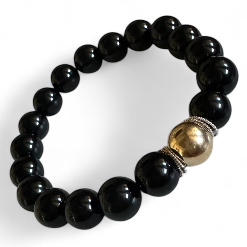 Classic Black Onyx Beaded Bracelet Gold Filled Sterling Silver Mixed Metal